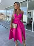 Deep V hollow out large hem with split suspender dress dress