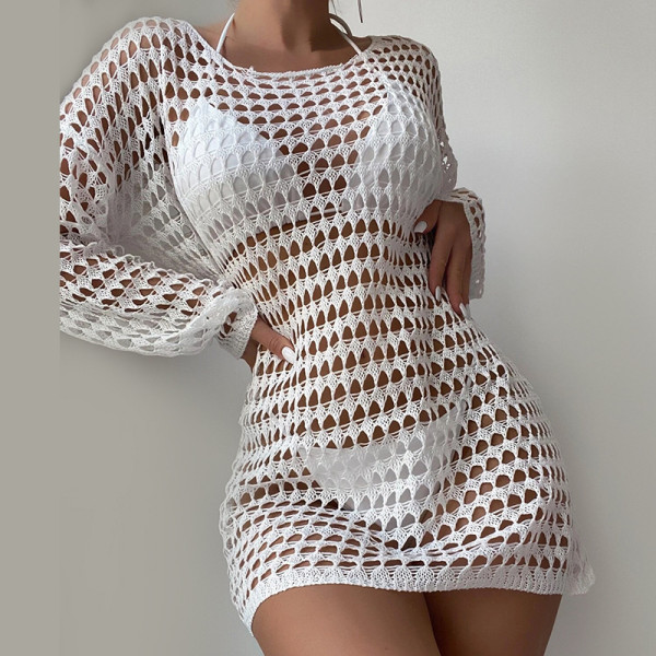 Sunscreen suit, sexy knitted hollow out pullover, round neck, long sleeved bikini swimsuit cover up
