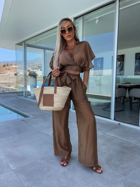 Casual Deep V Solid Silk Waist Lace Up Straight Trouser Set