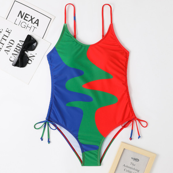 One piece swimsuit multi color patchwork drawstring ripple women's swimsuit