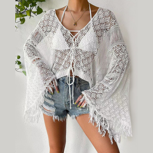 Women's Solid Color Sexy Knitted Hollow Beach Bikini Swimwear Cover Up Sun Protection Clothing