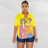 Fashion printed top casual square neck short sleeved loose fitting top