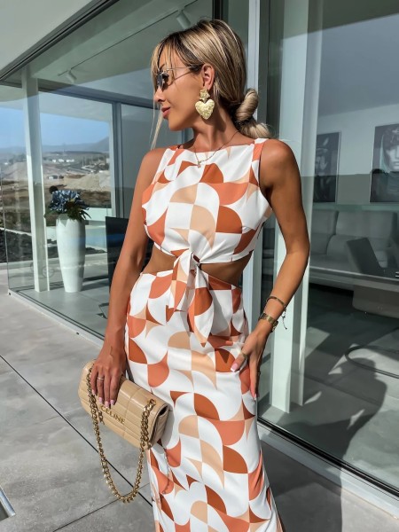 Printed Sleeveless Waist Elastic Hollow Split Dress