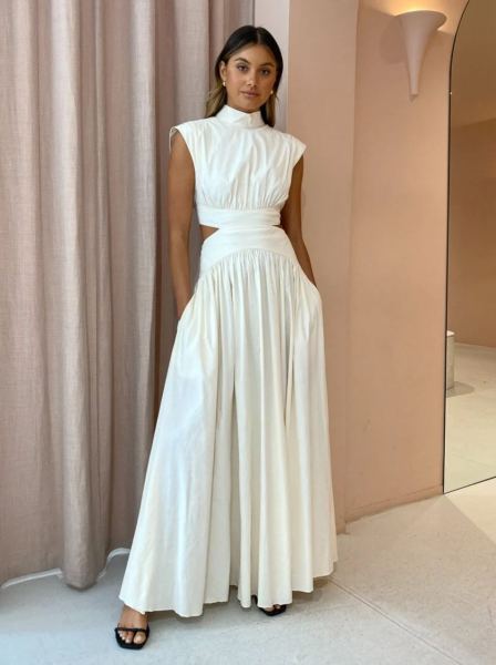 Solid color waist empty sexy open waist pleated large skirt hem dress