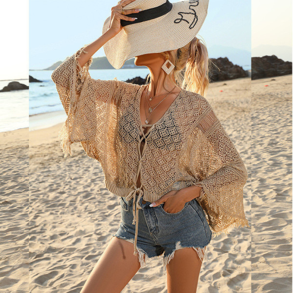 Women's Solid Color Sexy Knitted Hollow Beach Bikini Swimwear Cover Up Sun Protection Clothing