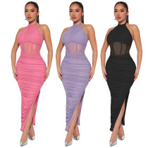 Hanging Neck Sleeveless Mesh Double Layer Split Sexy Evening Dress