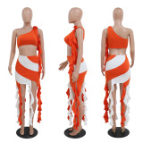 Sexy Diagonal Shoulder Slim Fit Short Top with Wrapped Hip A-line Tassel Half Skirt Two Piece Set