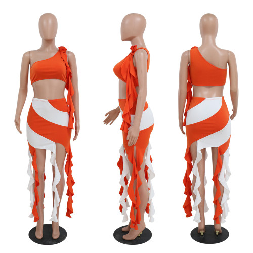 Sexy Diagonal Shoulder Slim Fit Short Top with Wrapped Hip A-line Tassel Half Skirt Two Piece Set