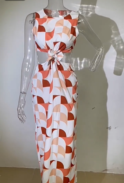 Printed Sleeveless Waist Elastic Hollow Split Dress