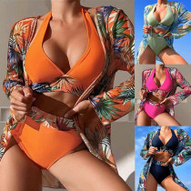 High waisted multi-color printed long sleeved three piece bikini split swimsuit High waisted multi-color printed long sleeved three piece bikini split swimsuit