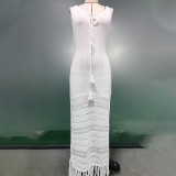 Solid color suspender knitted hollow waist fringed mid length skirt swimsuit cover up