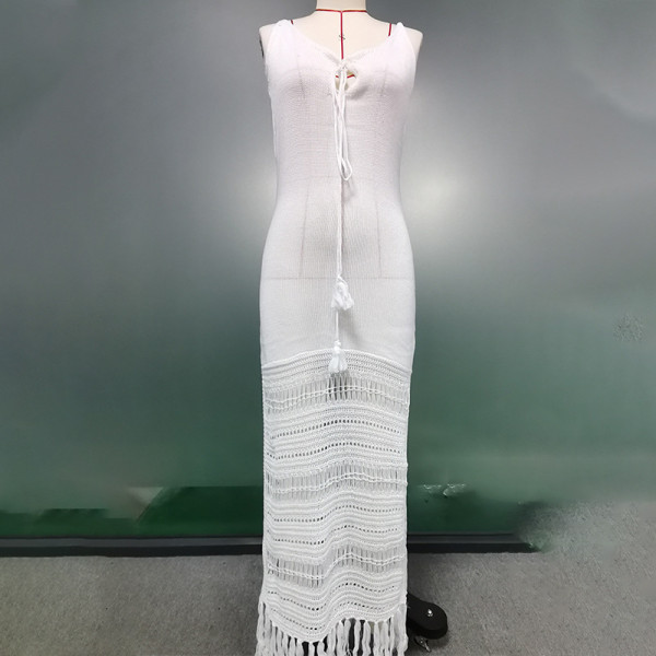 Solid color suspender knitted hollow waist fringed mid length skirt swimsuit cover up