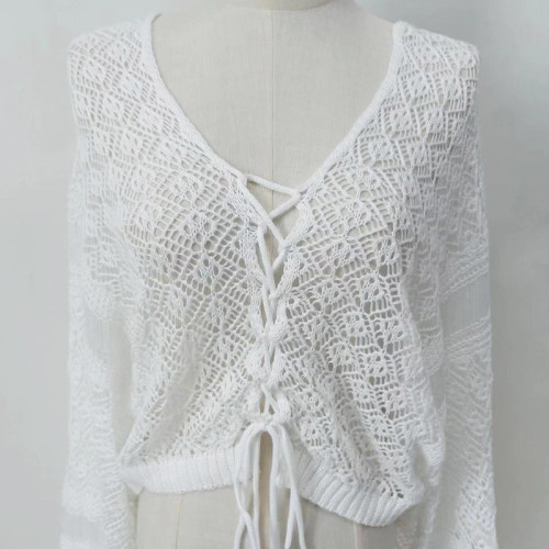 Women's Solid Color Sexy Knitted Hollow Beach Bikini Swimwear Cover Up Sun Protection Clothing