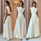 Solid color waist empty sexy open waist pleated large skirt hem dress