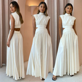 Solid color waist empty sexy open waist pleated large skirt hem dress