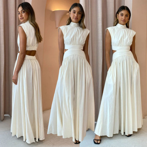 Solid color waist empty sexy open waist pleated large skirt hem dress