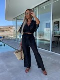 Casual Deep V Solid Silk Waist Lace Up Straight Trouser Set