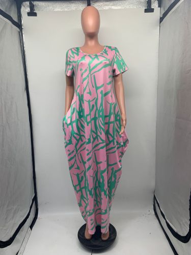 Oversized women's loose casual printed dress, oversized long skirt