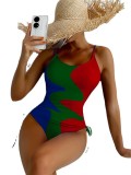 One piece swimsuit multi color patchwork drawstring ripple women's swimsuit