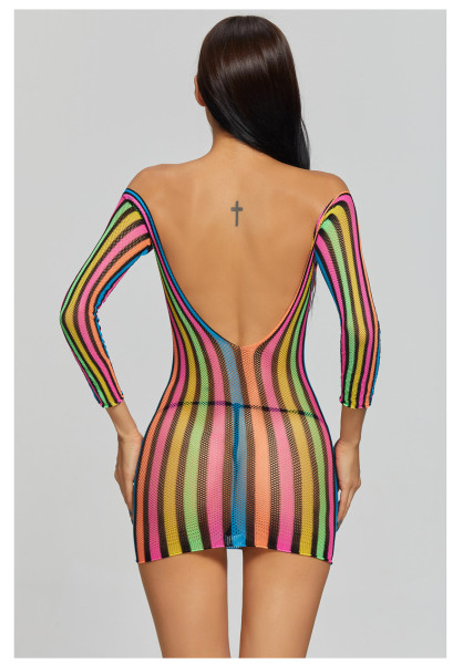 Fun pajamas, colorful long sleeved buttocks, one piece mesh, sexy uniform, seductive short skirt