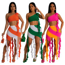 Sexy Diagonal Shoulder Slim Fit Short Top with Wrapped Hip A-line Tassel Half Skirt Two Piece Set Sexy Diagonal Shoulder Slim Fit Short Top with Wrapped Hip A-line Tassel Half Skirt Two Piece Set