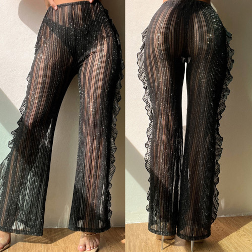 Wood ear edge hollowed out stripe gold silk casual sexy mesh perspective beach vacation pants