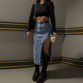 Slim Fit Hundred Pagoda Skirt Women's Trendy One Side Split Denim Half Skirt