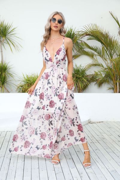 Chiffon printed strap sexy dress