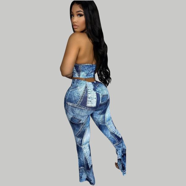 Loose digital printed straight tube rubber band pants