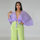 Lace up solid V-neck pleated chiffon shirt top