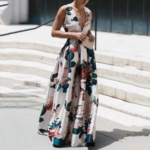Fashion independent station V-neck fashion printed long skirt