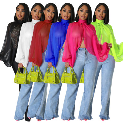 Shawl lace up solid color chiffon shirt bat sleeve top