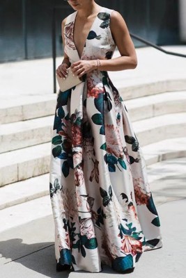 Fashion independent station V-neck fashion printed long skirt