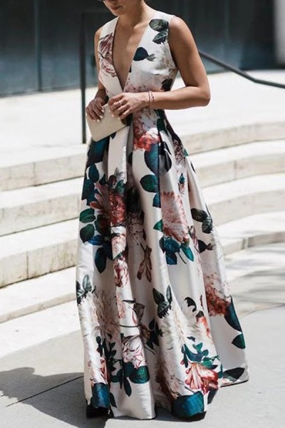 Fashion independent station V-neck fashion printed long skirt
