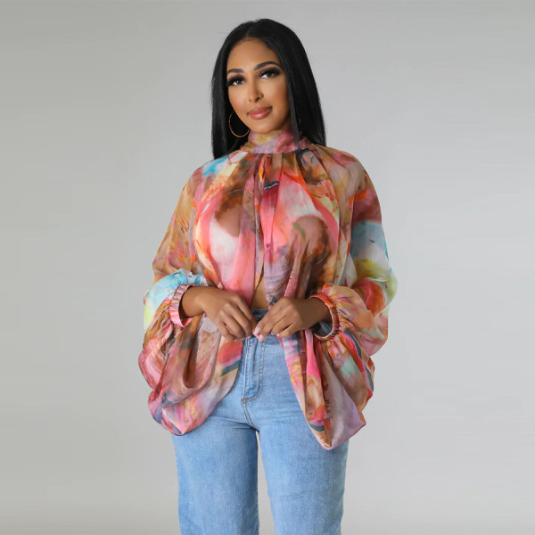 Shawl lace up solid color chiffon shirt bat sleeve top
