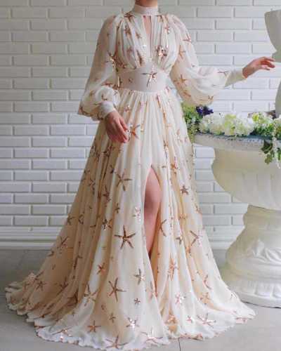 Multi color half high neck sequin slit lantern sleeve large swing dress chiffon dress