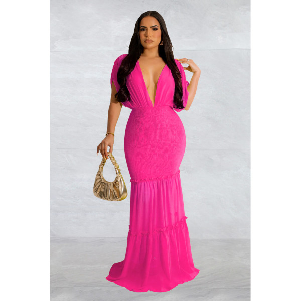 Women's solid color pleated V-neck sleeveless long dress dress