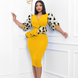 Spliced temperament mesh bubble sleeve pencil skirt dress