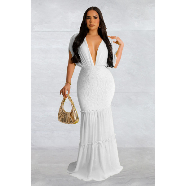 Women's solid color pleated V-neck sleeveless long dress dress