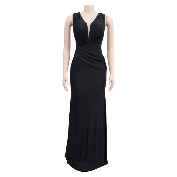 Fashion Women's Solid V-Neck Sleeveless Pleated Long Dress