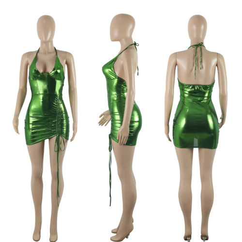 Fish bone hollow hanging neck lace up sexy nightclub dress