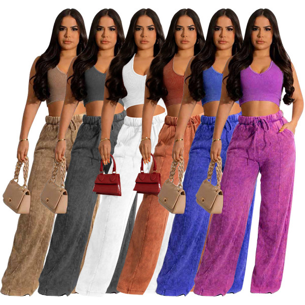 Sleeveless open waist short top with elastic waist and wide leg pants set