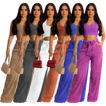 Sleeveless open waist short top with elastic waist and wide leg pants set Sleeveless open waist short top with elastic waist and wide leg pants set