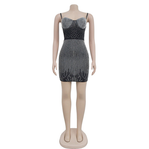 Fashion Women's Mesh Hot Diamond Sleeveless Suspended Short Dress Dress