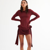 Solid color long sleeved round neck slim fitting patchwork ribbon flower versatile dress