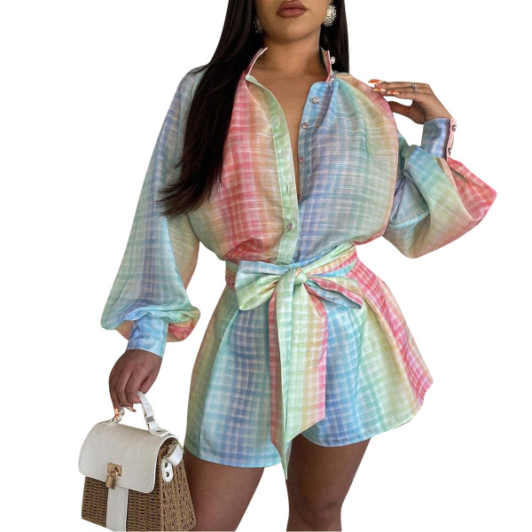 Women's cardigan lapel plaid positioning printed lantern sleeve jumpsuit shorts