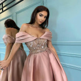 Simple and atmospheric long slim sequin off shoulder banquet evening dress