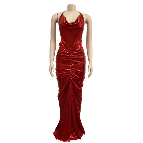Fashion Women's Solid Color Shoulder Lace up Sleeveless Long Dress Dress