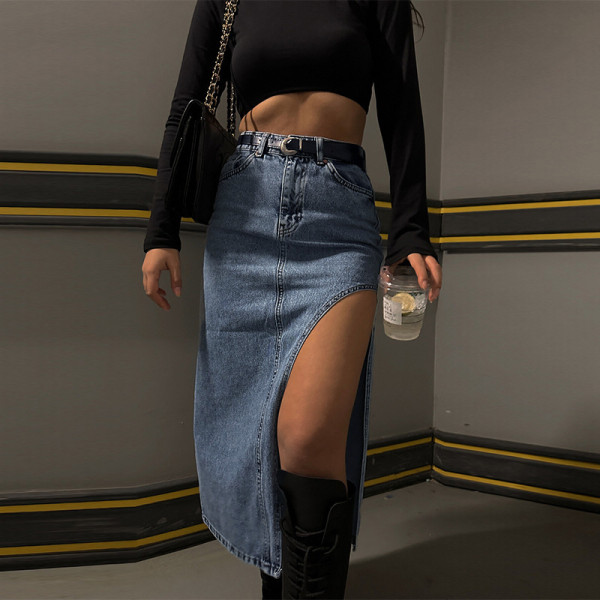 Slim Fit Hundred Pagoda Skirt Women's Trendy One Side Split Denim Half Skirt