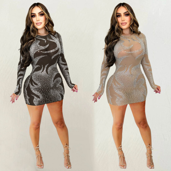 Women's solid color mesh hot diamond long sleeved short skirt dress